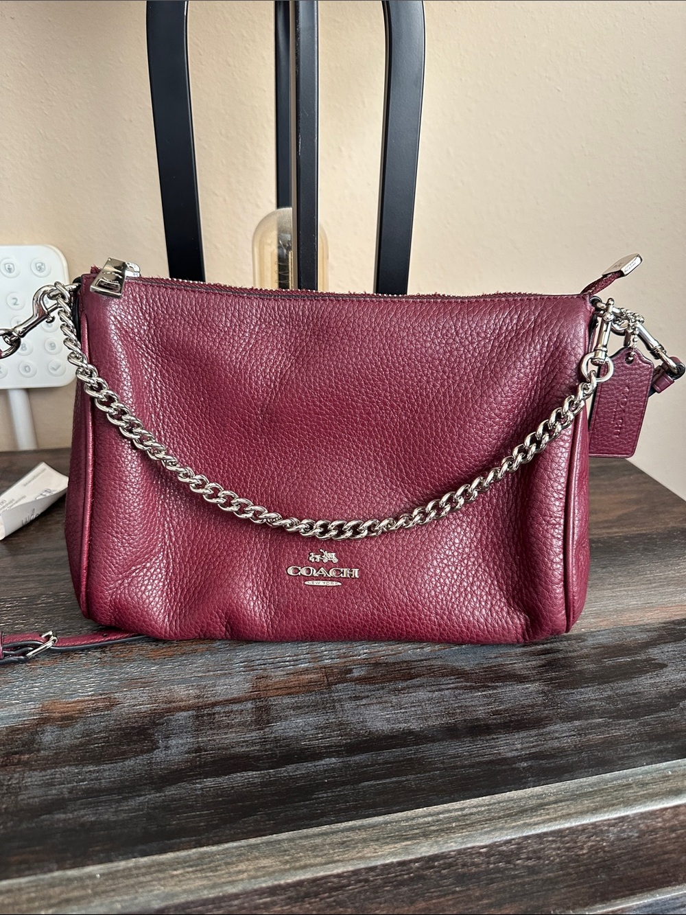 Coach Pebbled Leather Shoulder Bag in Wine with Silver Chain